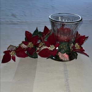 Christmas Poinsettias Glass Candle Holder Centerpiece